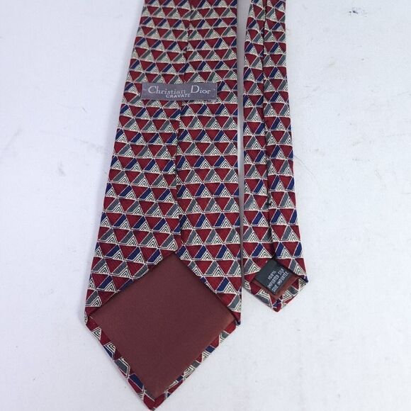 Christian Dior Red Blue Tie Necktie 100% Silk Geometric Printed Tie - Picture 4 of 7